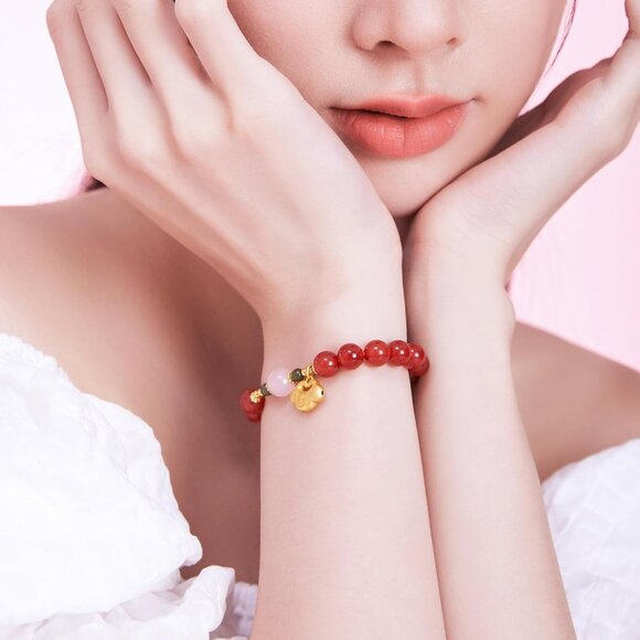 Sterling Silver Red Agate Beaded Ruyi Stretch Bracelets for Women - Handmade Nat - Picture 6 of 7